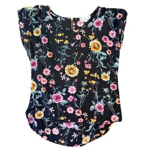 Pink Rose Vintage Floral Cap Sleeve Blouse Black Pink Yellow Zipper Back Large‎